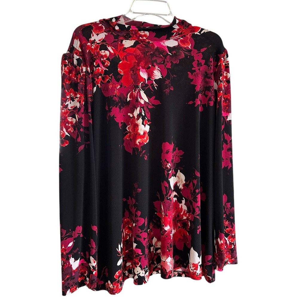 Susan Graver Liquid Knit Mock Neck Floral Top Black Red Plum Purple 2X Artsy